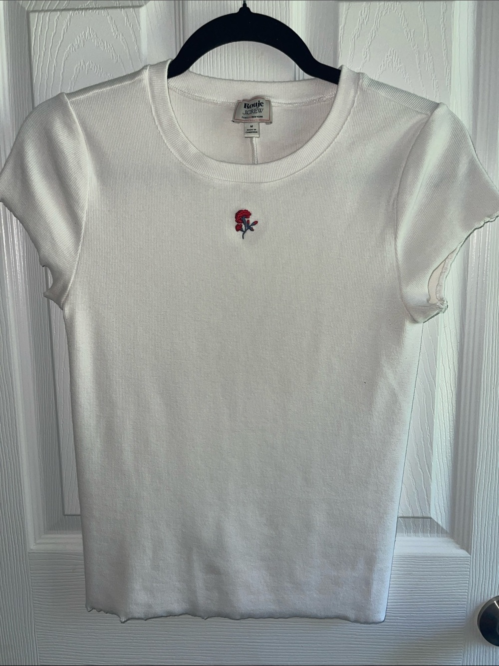 J. Crew Rouje White Short-Sleeve Crewneck Tee with Small Red Rose